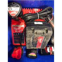 Milwaukee M18 drill, M12 drivers M12 light, 3 extra M12 battery & charging station