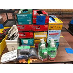 Assorted PPE gloves, hand sanitizer
