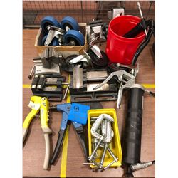 Assorted vices, casters, grease guns, pop rivet tools and C-clamps