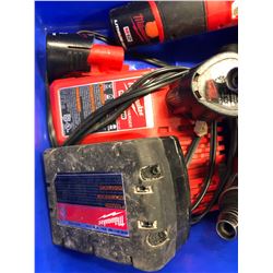 Milwaukee M18 drill, qty 3 M12 driver, M12 flashlight, qty2 M12 battery, M18 battery and charger