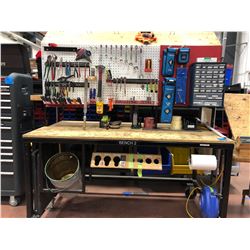 Heavy duty custom rolling work bench 72" x 36" x 73" powder coat black paint, wired with receptacles