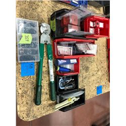 Assorted 120 volt lockouts, Greenlee cable strippers and blades 1903, deburring tools and blades, pe