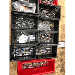 Assorted driver bits, 2 tape measures, tap extractors, 2 leather punches