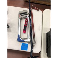 2 crowbars, 2 hacksaws, laser level