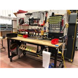 Heavy duty custom rolling work bench 72" x 36" x 73" powder coat black paint, wired with receptacles