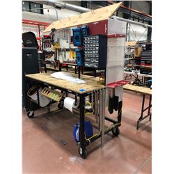 Heavy duty custom rolling work bench 72" x 36" x 73" powder coat black paint, wired with receptacles