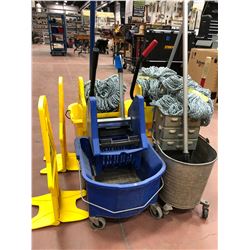 4 mop pails, 3 mops w/3 spare heads, 2 caution signs