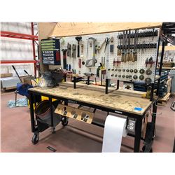 Heavy duty custom rolling work bench 72" x 36" x 73" powder coat black paint, wired with receptacles
