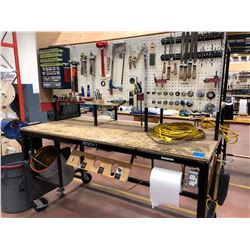 Heavy duty custom rolling work bench 72" x 36" x 73" powder coat black paint, wired with receptacles