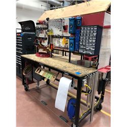 Heavy duty custom rolling work bench 72" x 36" x 73" powder coat black paint, wired with receptacles