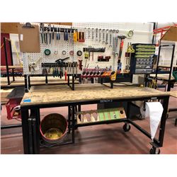 Heavy duty custom rolling work bench 72" x 36" x 73" powder coat black paint, wired with receptacles