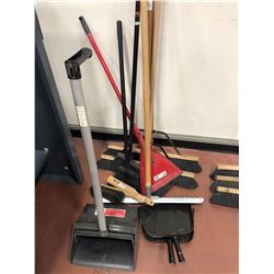 3 - 24" push brooms, 2 - hand brushes, 2 dustpans, 2 lobby dustpans, 3 brooms, broom handle, 18 foot