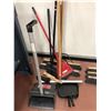 Image 1 : 3 - 24" push brooms, 2 - hand brushes, 2 dustpans, 2 lobby dustpans, 3 brooms, broom handle, 18 foot