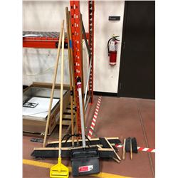 3 - 36" push brooms, 4 - hand brushes, 2 dustpans, 1 lobby dustpan, mop handle