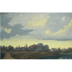 Moon over Coastal Village; Rene de Vos (Canadian, 20th century)