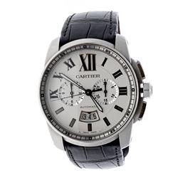WATCH: [1] Stainless Steel Automatic Cartier wristwatch; Calibre de Cartier; Silver-tone dial with R