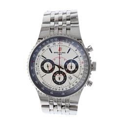 WATCH: [1] Stainless Steel Breitling Montbrillant Chronograph wristwatch; Silver-tone dial with blac