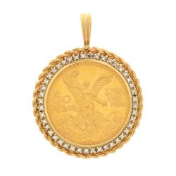 PENDANT: (1) 14KYG bezel rope frame w/50 Peso; gold coin dated 1945, 1/2 Troy oz,  44 rbc diamonds, 