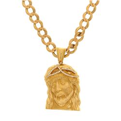 NECKLACE: [1] 14k yellow gold Jesus necklace; 25 inches long; (44) round brilliant cut diamonds, 1.6