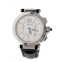 WATCH: [1] Stainless steel Cartier Pasha Chronograph automatic wristwatch; Silver chronograph dial w