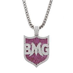 NECKLACE: [1] 10k white gold necklace with "BMG" pendant; 26 inches long; (263) round brilliant cut 