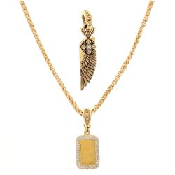 NECKLACE: [1] 14kt yellow gold NightRider wheat link necklace; 25.5 inches long; 56.3 grams. PENDANT