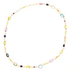 NECKLACE: (1) 18KYG necklace, 36 inch, 32 freshwater pearls, 28 multi-colored stones, 122.7 grams.