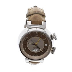 WATCH: [1] Stainless steel Louis Vuitton Tambour GMT Reveil 100M watch, 41mm case, tan & brown dial,