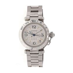 WATCH: [1] Stainless steel Cartier Pasha GMT 100M watch, 35mm case, silver globe dial, date @ 4:00, 