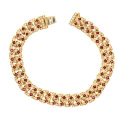 BRACELET: [1] 18ky tested bracelet; 8 inches long; (64) imitation ruby; (202) rb diamonds, 2.0mm-2.4