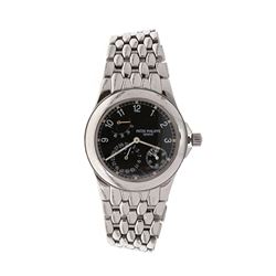 WATCH: [1] Stainless steel Patek Philippe Neptune Moonphase power reserve watch; black dial with 3 s