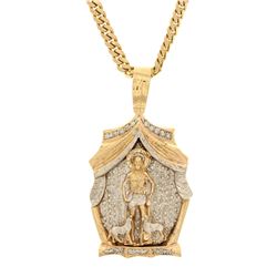 NECKLACE & PENDANT: [1] 10k yellow and white gold religious necklace, 28 inches long; (131) round br