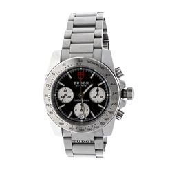 WATCH: [1] Stainless steel Tudor Sport Chronograph watch; 41mm case, black dial with 3 sub dials, da