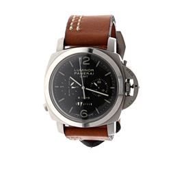 WATCH: [1] Stainless steel Panerai Luminor GMT 8 Days Chronograph 100M watch; 44mm case, black dial 