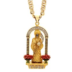 NECKLACE: [1] 10k yellow gold Santa Muerte necklace, 30 inches long; (92) round brilliant cut diamon