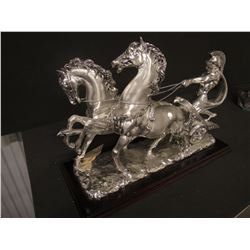 SCULPTURE: Roman Chariot with two horses, silvertone patina. No markings found noted on previous rep