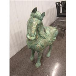 SCULPTURE: Decorative large Chinese bronze Tang-style horse with gold scrolling accents; standing fo