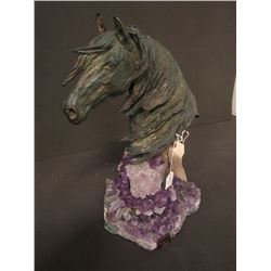 SCULPTURE: Bronze bust of a horse mounted on amethyst, titled Storm with Amethyst from the Vidal Col