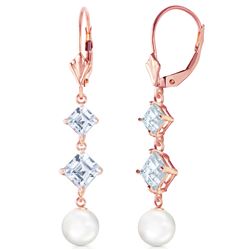 Genuine 6.5 ctw Pearl & Aquamarine Earrings Jewelry 14KT Rose Gold - REF-45A8K