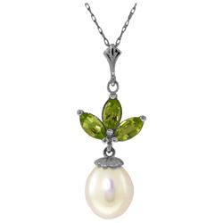 Genuine 4.75 ctw Peridot & Pearl Necklace Jewelry 14KT White Gold - REF-24T3A