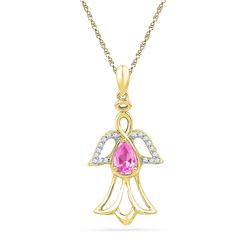 0.59 CTW Pear Created Pink Sapphire Angel Pendant 10KT Yellow Gold - REF-14X9Y