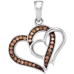 0.25 CTW Cognac-brown Color Diamond Double Linked Heart Pendant 10KT White Gold - REF-16N4F