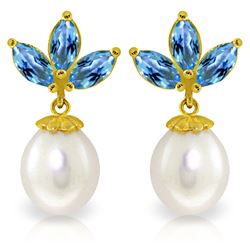 Genuine 9.5 ctw Blue Topaz & Pearl Earrings Jewelry 14KT Yellow Gold - REF-31T2A