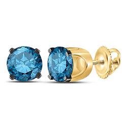1 CTW Blue Color Diamond Solitaire Stud Earrings 10KT Yellow Gold - REF-63X2Y