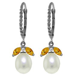 Genuine 9 ctw Citrine & Pearl Earrings Jewelry 14KT White Gold - REF-39R3P
