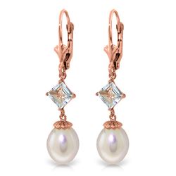 Genuine 9.5 ctw Pearl & Aquamarine Earrings Jewelry 14KT Rose Gold - REF-27F4Z