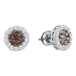 0.75 CTW Cognac-brown Color Diamond Flower Screwback Earrings 14KT White Gold - REF-49F5N