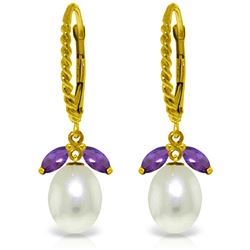 Genuine 9 ctw Amethyst & Pearl Earrings Jewelry 14KT Yellow Gold - REF-39X3M