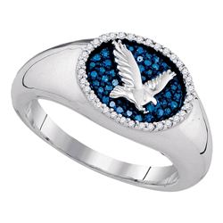 0.27 CTW Mens Blue Color Diamond Oval Cluster Eagle Ring 10KT White Gold - REF-52M4H