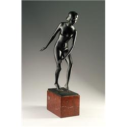 TRURI WEINMANN - Statuette Tänzerin, - Bronze. Nackte Tänzerin in Pose auf einem Fuß auf flache...